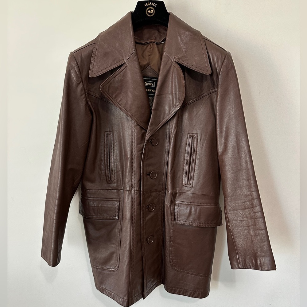 Vintage Genuine Leather 70s Trench Jacket By Sears Western Wear Size 38